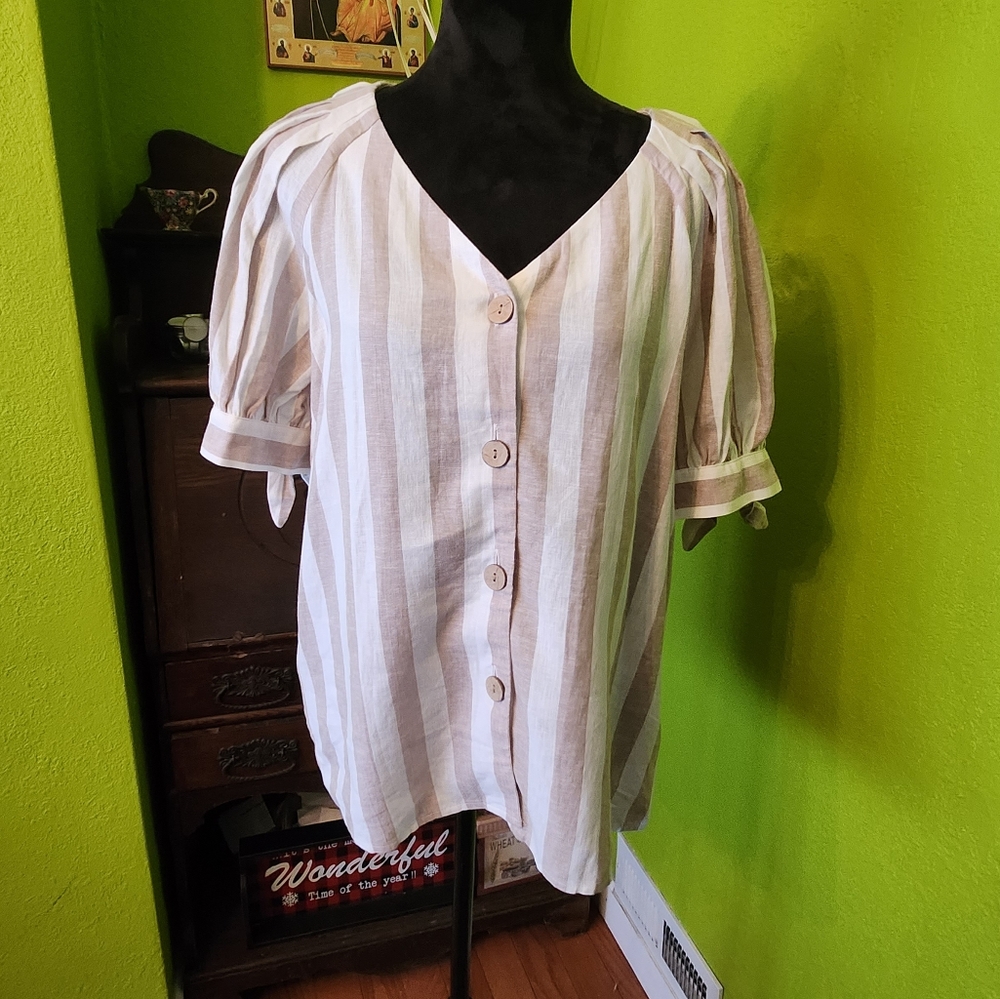 LC Lauren Conrad White Beige Striped Linen Mix Blouse Bows on Sleeves Size Mediu